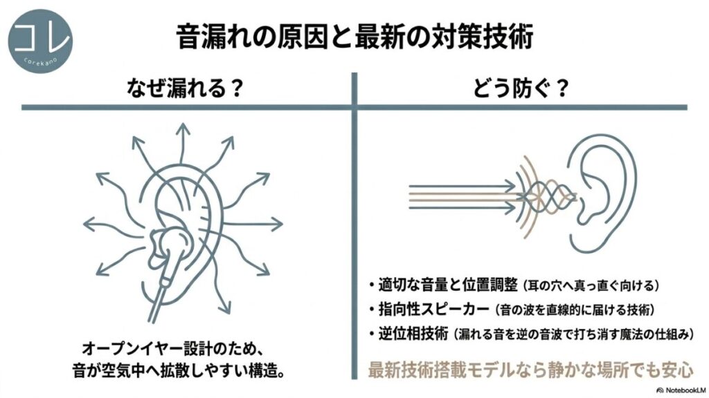 音が外に拡散する耳のイラストとともに、音漏れの原因（オープンイヤー設計による空気中への拡散構造）と、どう防ぐかの対策（適切な音量と位置調整、指向性スピーカー、逆位相技術）を解説したスライドです。