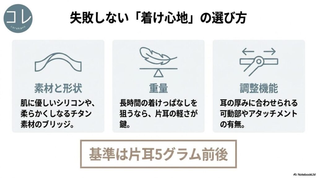 天秤に乗った羽のイラストとともに、長時間の使用で痛くならない選び方の基準（素材と形状、片耳5グラム前後を基準とする重量、調整機能の有無）が整理されています。