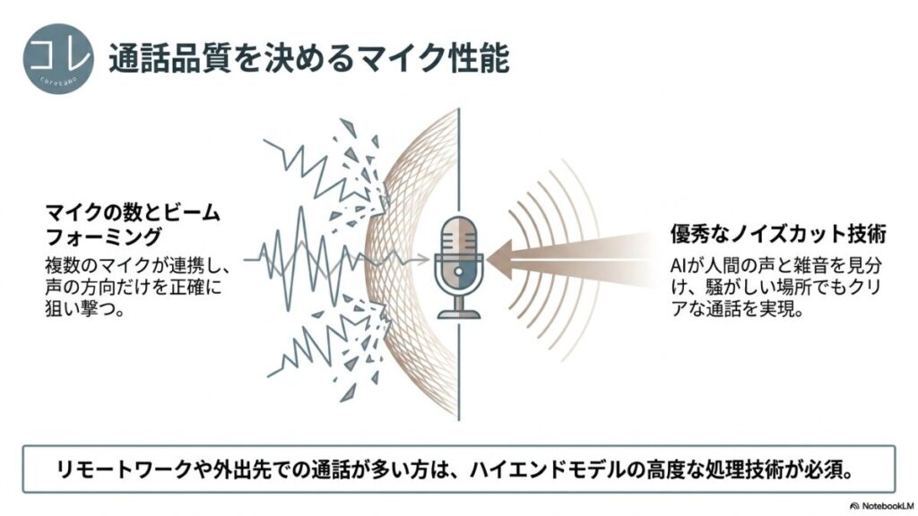 マイクと音波、雑音を遮断するシールドのイラストとともに、マイクの数とビームフォーミング技術（声の方向を正確に狙い撃つ）、優秀なノイズカット技術（AIによる人間の声と雑音の判別）について解説しています。マイクと音波、雑音を遮断するシールドのイラストとともに、マイクの数とビームフォーミング技術（声の方向を正確に狙い撃つ）、優秀なノイズカット技術（AIによる人間の声と雑音の判別）について解説しています。