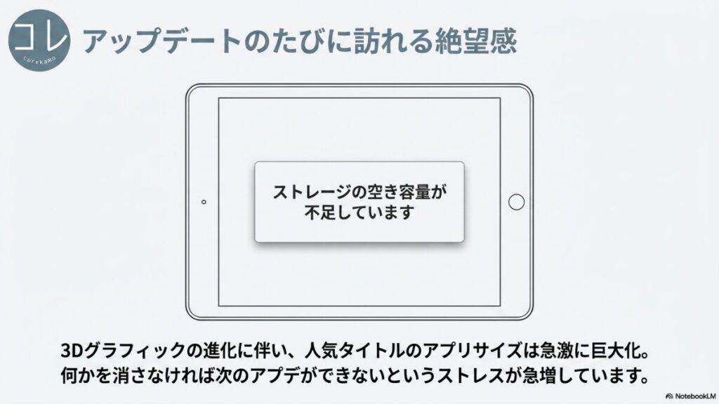 iPadの画面に「ストレージの空き容量が不足しています」という警告が出ているイラスト。「アップデートのたびに訪れる絶望感。3Dグラフィックの進化に伴いアプリサイズが巨大化し、データ削除のストレスが急増している」と説明されています。