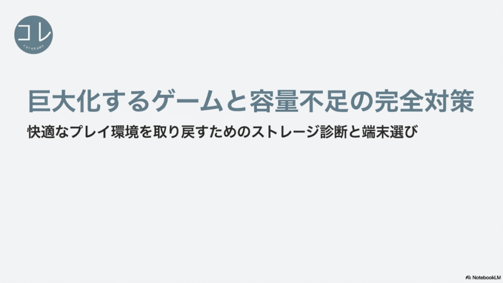 iPadのゲーム容量不足対策とモデル選びの解説スライドの表紙。「巨大化するゲームと容量不足の完全対策 快適なプレイ環境を取り戻すためのストレージ診断と端末選び」というタイトルが記載されています。