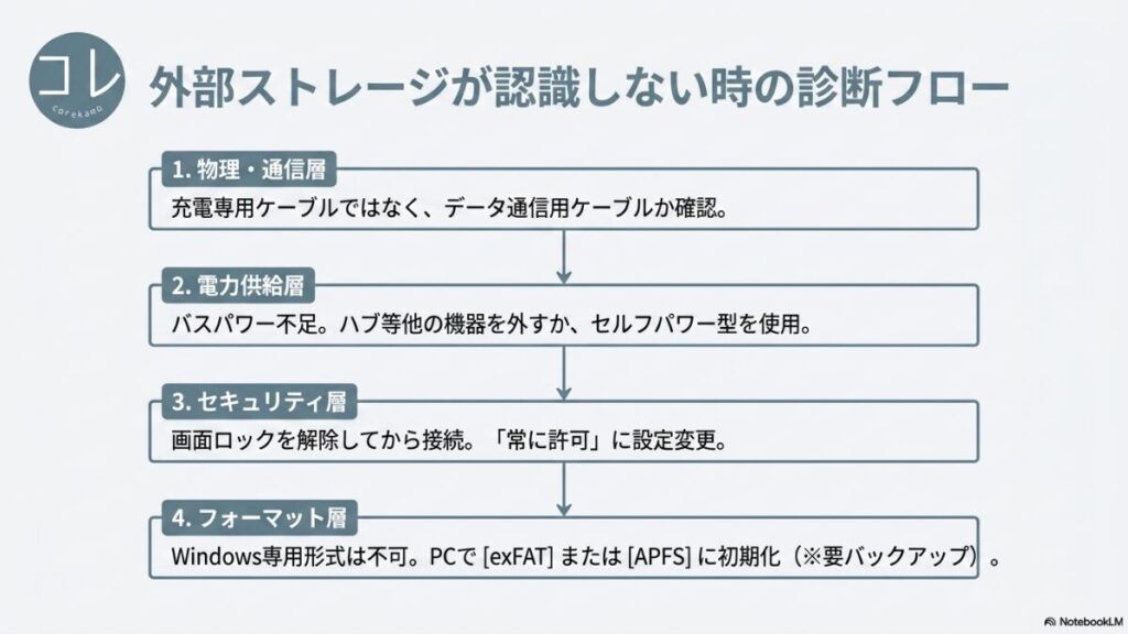 外部ストレージ未認識時の診断フロー。1. 物理・通信層（データ転送用ケーブルか確認）、2. 電力供給層（バスパワー不足、セルフパワー型使用）、3. セキュリティ層（画面ロック解除）、4. フォーマット層（exFATやAPFSに初期化）の4つの階層と対処法がまとめられています。