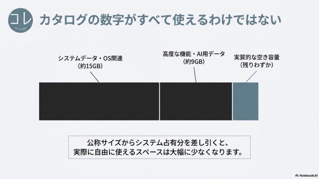 iPadのストレージ内訳を示す棒グラフ。システムデータ・OS関連で約15GB、高度な機能・AI用データで約9GBが占有され、実際に自由に使えるスペース（実質的な空き容量）が残りわずかになる仕組みを解説しています。