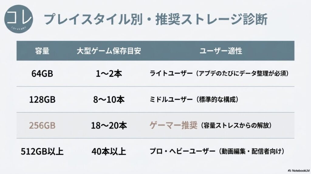 64GB（1〜2本、ライトユーザー）、128GB（8〜10本、ミドルユーザー）、256GB（18〜20本、ゲーマー推奨）、512GB以上（40本以上、プロ・ヘビーユーザー）の大型ゲーム保存目安とユーザー適性をまとめた表スライド。