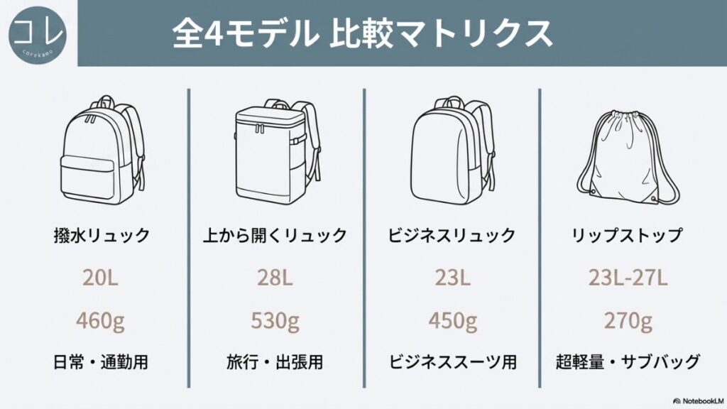 無印良品リュック全4モデル（撥水リュック20L、上から開くリュック28L、ビジネスリュック23L、リップストップ23L-27L）の容量、重量、主なおすすめシーン（日常・通勤、旅行・出張、ビジネススーツ、超軽量・サブバッグ）を一覧でまとめた比較マトリクス表。