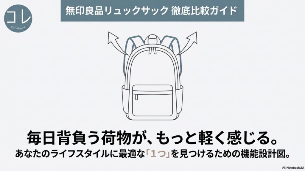 無印良品のリュックサック徹底比較ガイドの表紙スライド。「毎日背負う荷物が、もっと軽く感じる。あなたのライフスタイルに最適な『1つ』を見つけるための機能設計図」というキャッチコピーと、リュックのイラスト。
