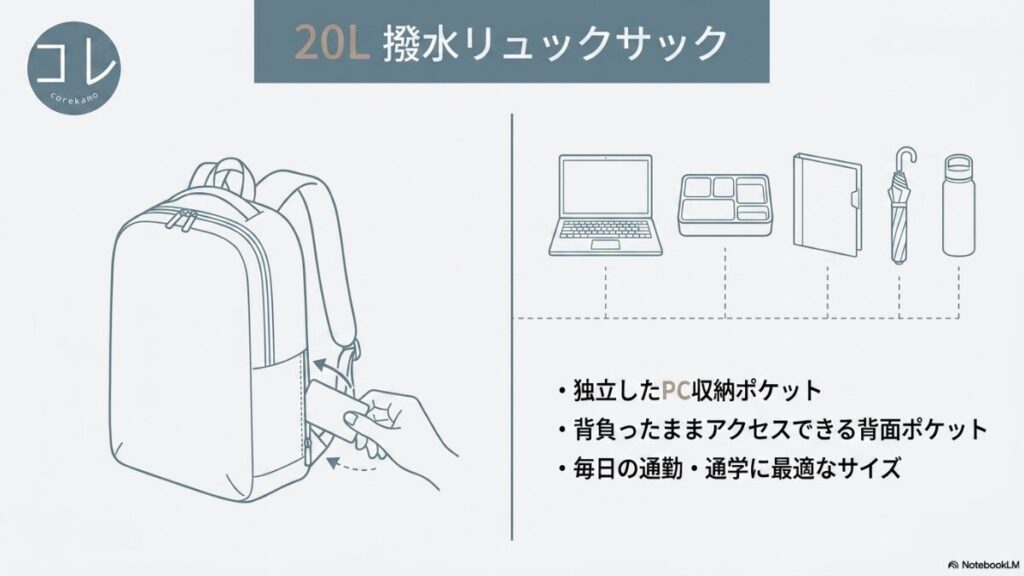 無印良品の20L撥水リュックサックのメリット。「独立したPC収納ポケット」「背負ったままアクセスできる背面ポケット」「毎日の通勤・通学に最適なサイズ」の3つの特徴。
