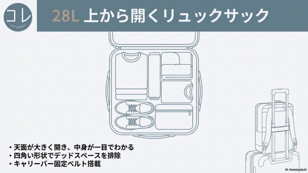 無印良品の28L上から開くリュックサックの特徴。パッキングやスーツケースへの固定イラストと共に、「天面が大きく開き、中身が一目でわかる」「四角い形状でデッドスペースを排除」「キャリーバー固定ベルト搭載」の特徴を解説。
