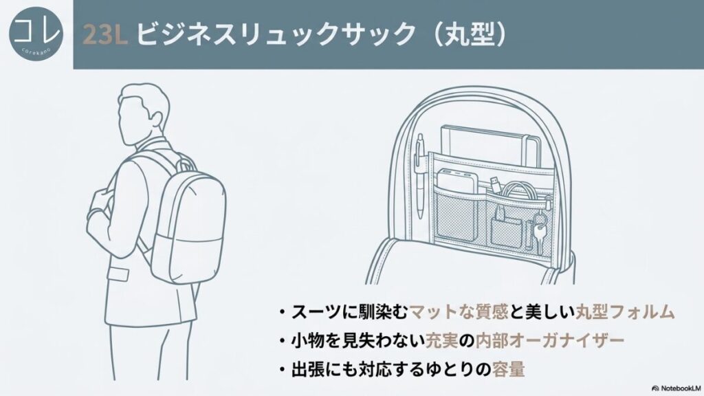 無印良品の23Lビジネスリュックサック（丸型）の特徴。ビジネスマンや内部オーガナイザーのイラストと共に、「スーツに馴染むマットな質感と美しい丸型フォルム」「小物を見失わない充実の内部オーガナイザー」「出張にも対応するゆとりの容量」の解説。