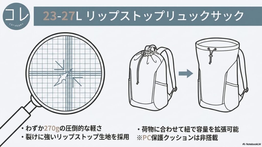無印良品のリップストップリュックサックの特徴。生地の拡大図や容量可変のイラストと共に、「わずか270gの圧倒的な軽さ」「荷物に合わせて紐で容量を拡張可能」「裂けに強いリップストップ生地を採用 ※PC保護クッションは非搭載」の解説。