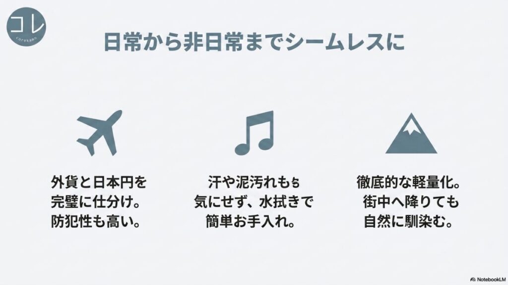 「日常から非日常までシームレスに」として、飛行機・音符・山のアイコンと共に、海外旅行での防犯性、フェスでの水拭きお手入れ、アウトドアでの軽量化についてまとめられたスライド。