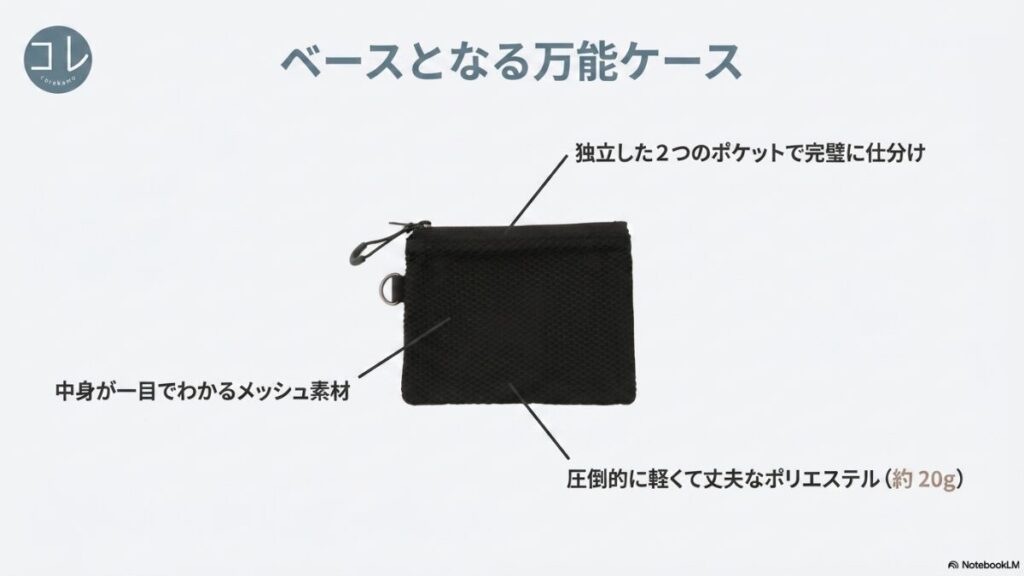 「ベースとなる万能ケース 独立した2つのポケットで完璧に仕分け 中身が一目でわかるメッシュ素材 圧倒的に軽くて丈夫なポリエステル（約20g）」と特徴がまとめられたスライド。