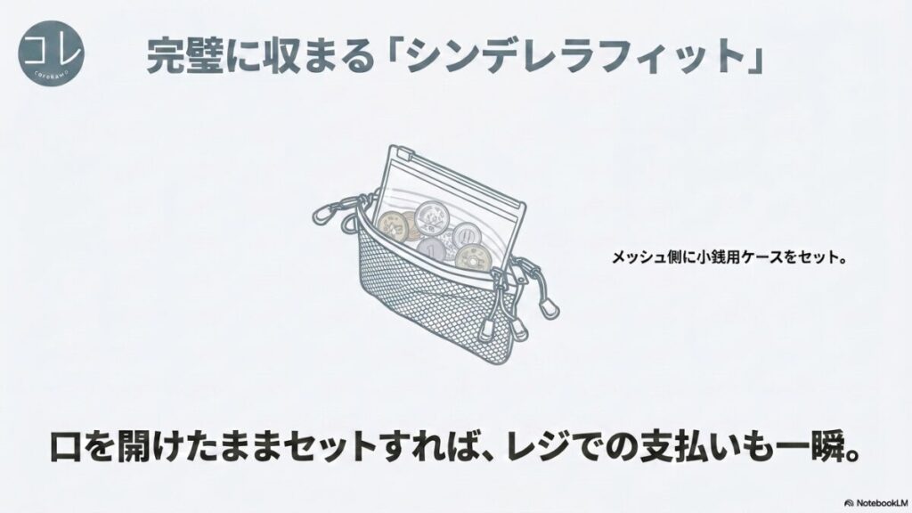 「完璧に収まる『シンデレラフィット』 メッシュ側に小銭用ケースをセット。口を開けたままセットすれば、レジでの支払いも一瞬。」という説明と、ポーチにケースが入っている構造イラスト。
