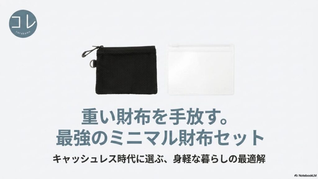 「重い財布を手放す。最強のミニマル財布セット キャッシュレス時代に選ぶ、身軽な暮らしの最適解」という文字と、コレかものロゴ、無印良品のケースが並んだタイトルスライド。