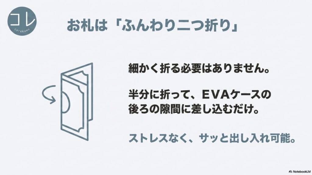 「お札は『ふんわり二つ折り』 細く折る必要はありません。半分に折って、EVAケースの後ろの隙間に差し込むだけ。ストレスなく、サッと出し入れ可能。」という説明とお札のイラスト。