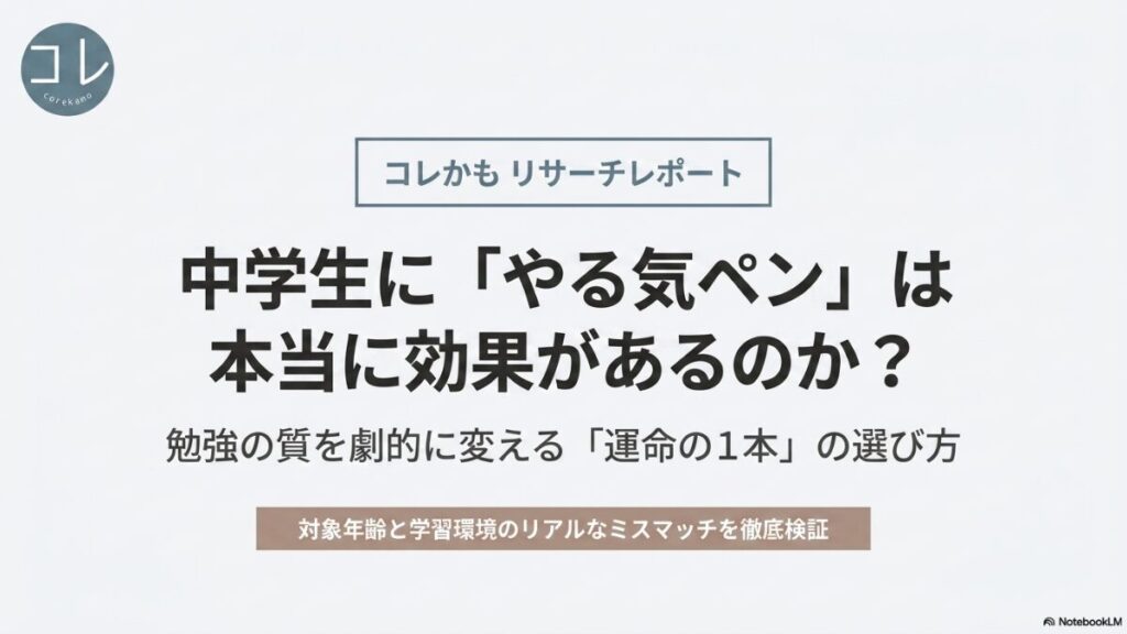 中学生にやる気ペンは本当に効果があるのか、対象年齢と学習環境のリアルなミスマッチを徹底検証するリサーチレポートの表紙スライド画像。