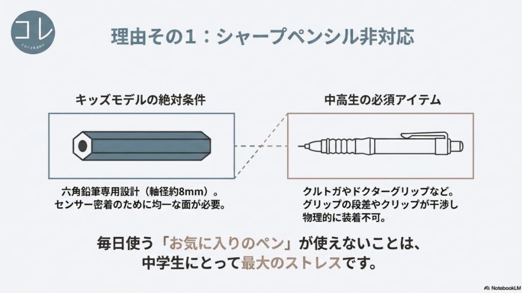キッズモデルの絶対条件である六角鉛筆専用設計に対し、中高生が使うクルトガやドクターグリップなどの高機能シャーペンはグリップやクリップが干渉して物理的に装着できない理由を説明するスライド画像。