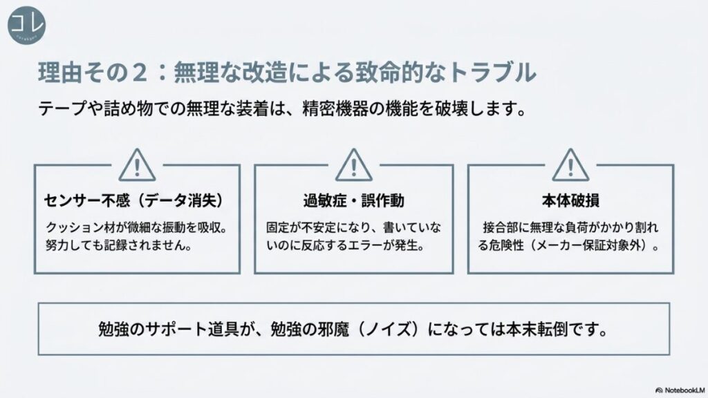 テープや詰め物で無理に装着すると、クッション材が振動を吸収する「センサー不感」、固定が不安定になる「過敏症・誤作動」、接合部が割れる「本体破損」のリスクがあることを伝えるスライド画像。