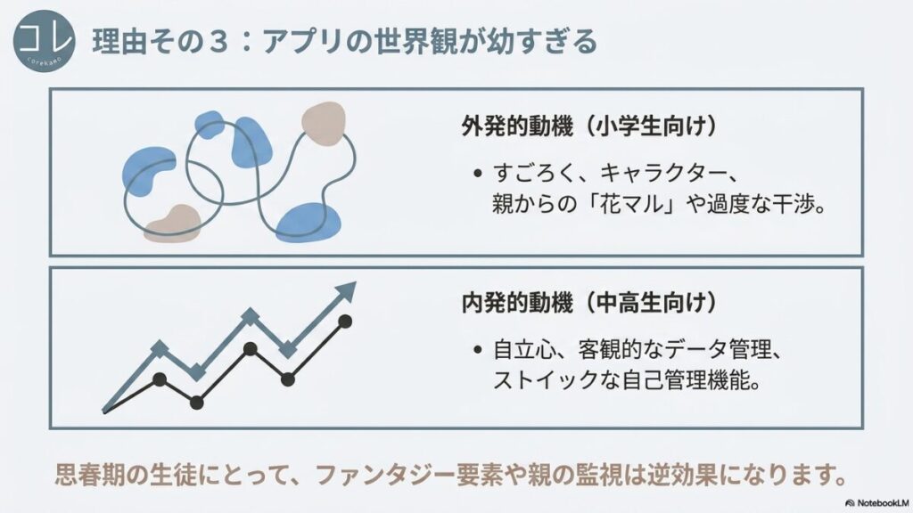 すごろくや親の干渉といった小学生向けの「外発的動機」のアプリ仕様は、自立心やデータ管理を求める中高生の「内発的動機」や思春期の感性には逆効果になることを示すスライド画像。