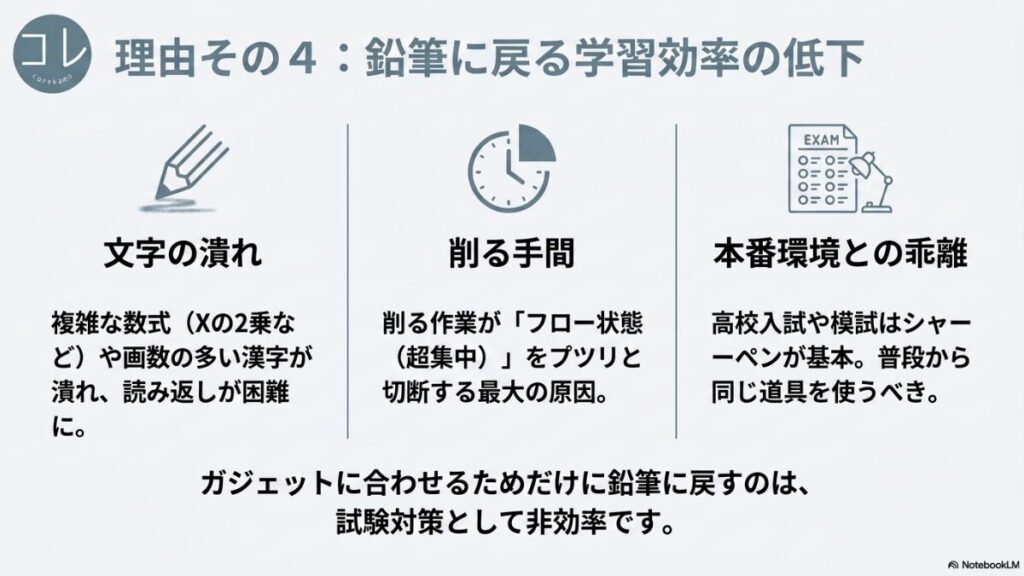 ガジェットのために鉛筆に戻すデメリットとして、文字の潰れ、削る手間による集中の切断、高校入試などの本番環境(シャーペン)との乖離の3点を挙げ、試験対策として非効率であることを説明するスライド画像。