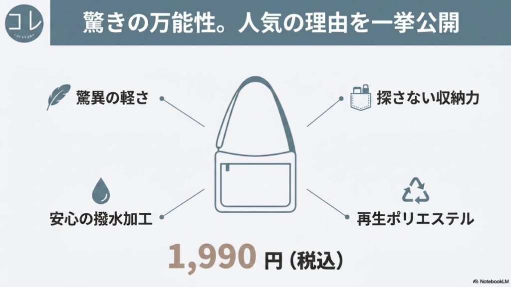 「驚きの万能性。人気の理由を一挙公開」というタイトルで、驚異の軽さ、探さない収納力、安心の撥水加工、再生ポリエステルの4つの強みと、価格が1,990円（税込）であることを示す概要スライド。