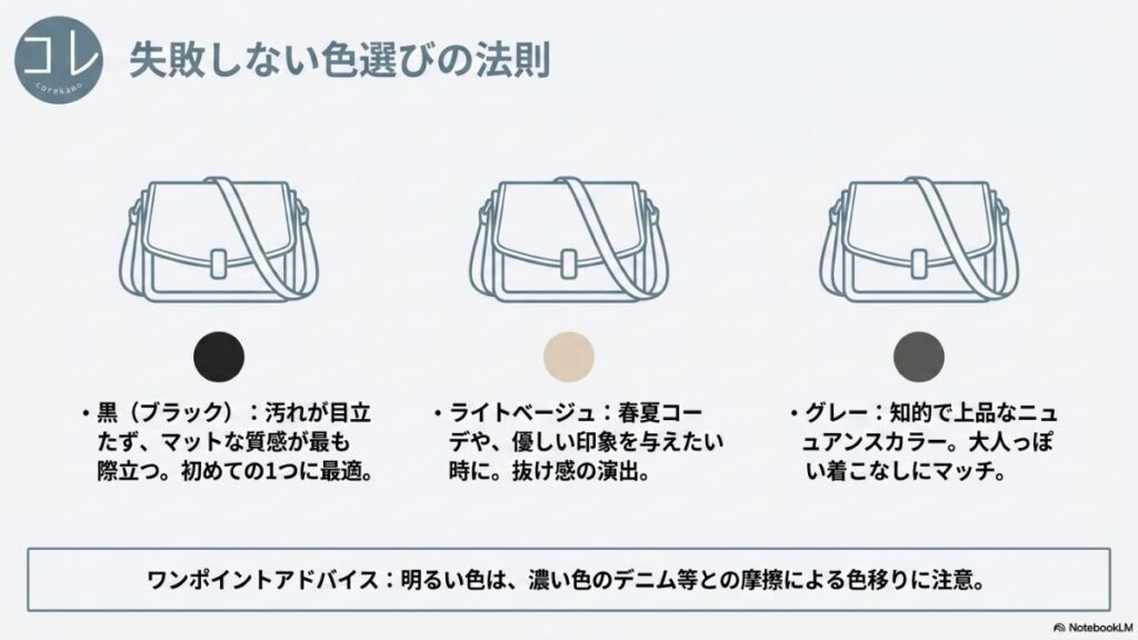 3つのバッグのイラストとともに、「失敗しない色選びの法則」として、黒（ブラック）、ライトベージュ、グレーのそれぞれの特徴と、明るい色の色移りに関する注意点（ワンポイントアドバイス）が記載されたスライド。