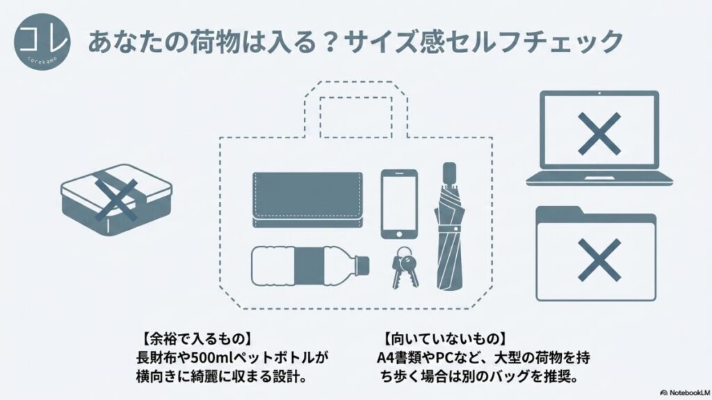 バッグの中に長財布、ペットボトル、スマホ、傘、鍵が入っているイラストと、×印がついたPCや書類のイラスト。「あなたの荷物は入る？サイズ感セルフチェック」として、余裕で入るもの（長財布、500mlペットボトルなど）と向いていないもの（A4書類、PCなど）をわかりやすく解説したスライド。