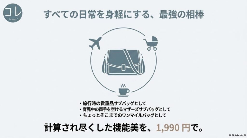 飛行機、ベビーカー、コーヒーカップのアイコンとバッグのイラスト。「すべての日常を身軽にする、最強の相棒」として、旅行時の貴重品サブバッグ、育児中のマザーズサブバッグ、ちょっとそこまでのワンマイルバッグとしての活用例が書かれ、「計算され尽くした機能美を、1,990円で。」と締めくくられたスライド。
