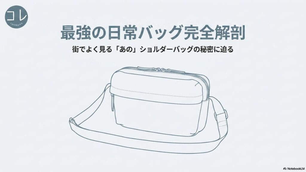 「コレかも（corekamo）最強の日常バッグ完全解剖 街でよく見る『あの』ショルダーバッグの秘密に迫る」というタイトルと、無印良品のショルダーバッグのシンプルな線画イラストが描かれたアイキャッチ向けのスライド画像。