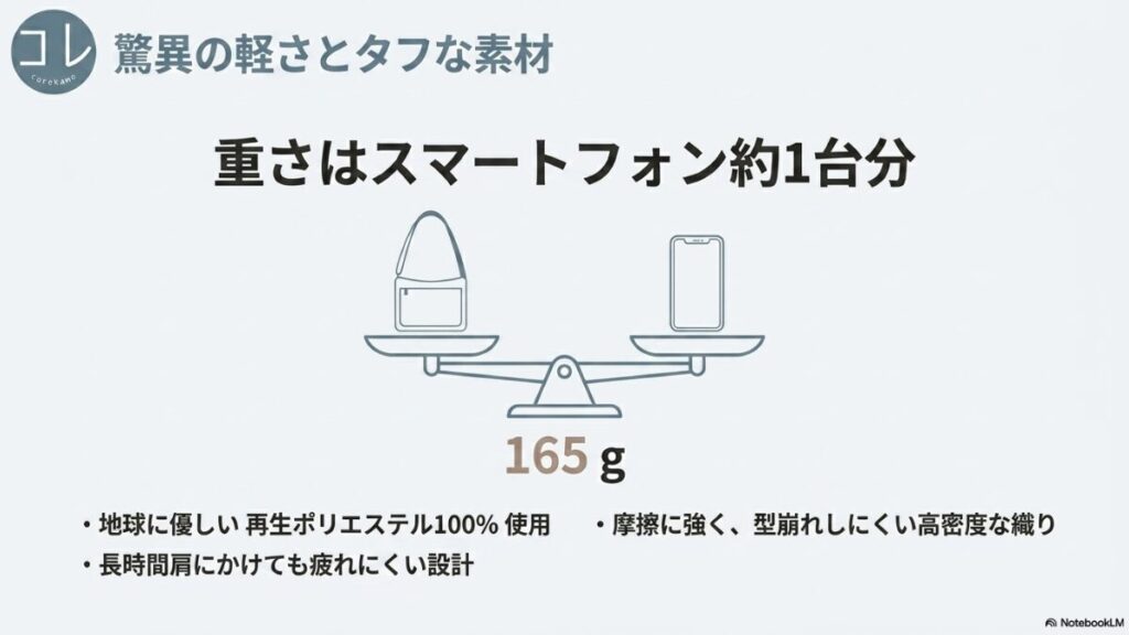 天秤にバッグとスマートフォンが載っており、重さが165g（スマートフォン約1台分）であることを示すイラスト。「驚異の軽さとタフな素材」として、地球に優しい再生ポリエステル100%使用、摩擦に強く型崩れしにくい高密度な織り、長時間肩にかけても疲れにくい設計を解説するスライド。