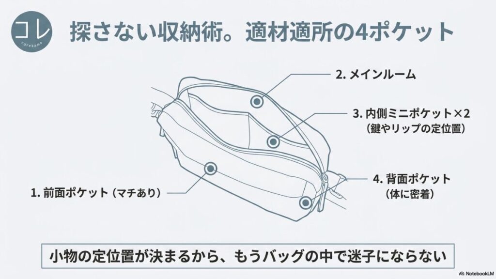 「探さない収納術。適材適所の4ポケット」というタイトルで、前面ポケット（マチあり）、メインルーム、内側ミニポケット×2、背面ポケットの位置を解説し、「小物の定位置が決まるから、もうバッグの中で迷子にならない」と説明するスライド。