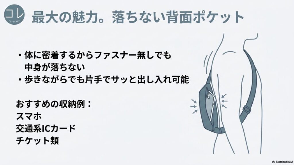体に密着するバッグの背面ポケットにスマートフォンを入れるイラスト。「最大の魅力。落ちない背面ポケット」として、体に密着するからファスナー無しでも中身が落ちない、歩きながらでも片手でサッと出し入れ可能、おすすめの収納例（スマホ、交通系ICカード、チケット類）が書かれたスライド。