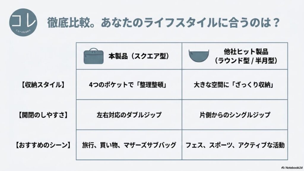 「徹底比較。あなたのライフスタイルに合うのは？」というタイトルで、本製品（スクエア型）と他社ヒット製品（ラウンド型/半月型）の収納スタイル（整理整頓 vs ざっくり収納）、開閉のしやすさ（ダブルジップ vs シングルジップ）、おすすめのシーン（旅行・買い物 vs フェス・スポーツ）を比較した表形式のスライド。