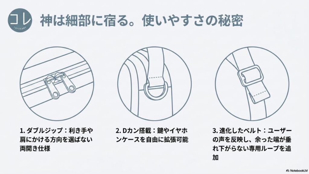 ダブルジップ、Dカン、進化したベルトの3つのイラストとともに、「神は細部に宿る。使いやすさの秘密」として、両開き仕様のダブルジップ、拡張可能なDカン、余った端が垂れ下がらない専用ループ付きの進化したベルトを解説するスライ