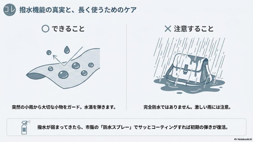 水滴を弾く生地のイラストと、雨に濡れるバッグのイラスト。「撥水機能の真実と、長く使うためのケア」として、できること（突然の小雨からガード）、注意すること（完全防水ではない）、ケア方法（撥水が弱まったら防水スプレーで復活）が記載されたスライド。