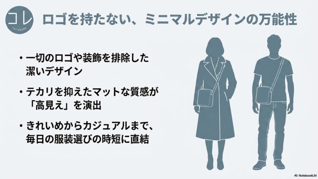 男女がショルダーバッグを肩にかけているシルエットのイラスト。「ロゴを持たない、ミニマルデザイン of 万能性」として、一切のロゴや装飾を排除した潔いデザイン、テカリを抑えたマットな質感が引き出す高見え効果、毎日の服装選びの時短に直結するメリットを記載したスライド。