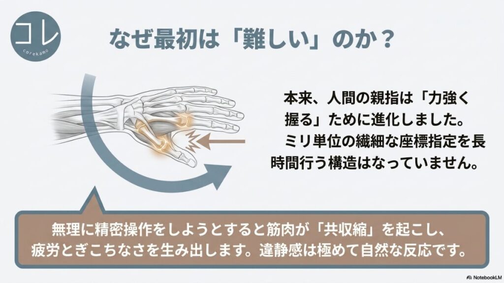 人間の親指の骨格イラストを用いて、親指がミリ単位の繊細な座標指定に向いていないこと、力むと筋肉が「共収縮」を起こして疲労やぎこちなさを生む仕組みを解説したスライド。