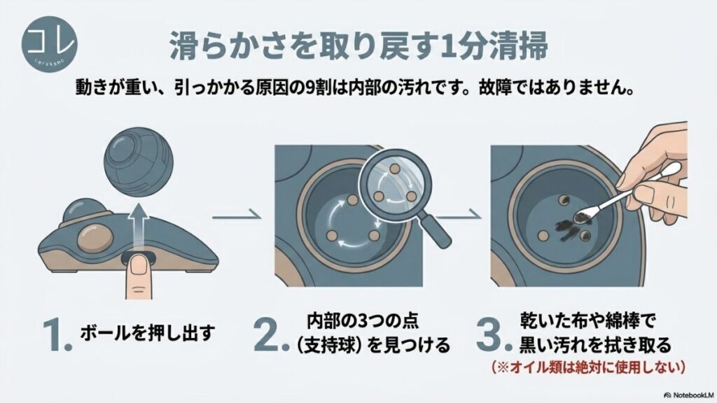 トラックボールの動きが重い・引っかかる原因が内部の汚れであることを説明し、ボールの押し出し、支持球の確認、黒い汚れの拭き取りの3ステップをイラストで解説したメンテナンススライド。