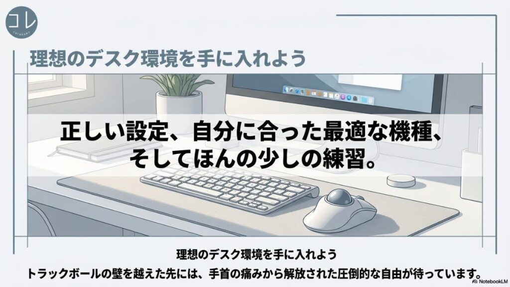 正しい設定、自分に合った最適な機種、そしてほんの少しの練習でトラックボールの壁を越え、手首の痛みから解放された圧倒的な自由をもたらす理想のデスク環境を手に入れようと呼びかけるまとめのスライド。
