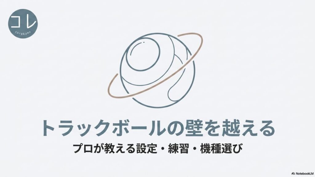 「コレかも(Corekamo)」による、トラックボールの壁を越えるためのプロが教える設定・練習・機種選びのスライド資料の表紙画像。