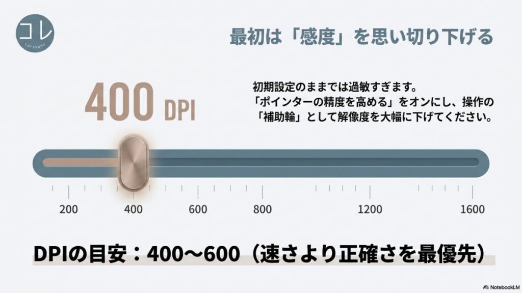 トラックボールの初期設定で感度を400〜600DPIに下げることを推奨し、「ポインターの精度を高める」をオンにして操作の補助輪にするよう説明するスライダーのイラスト付きスライド。