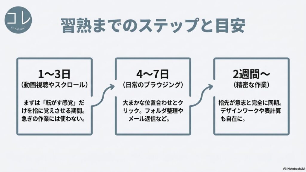 トラックボールマウスの練習プログラムとして、1〜3日目は動画視聴で転がす感覚を覚え、4〜7日目は日常ブラウジング、2週間以降は精密作業へと段階的に移行する目安を示したスライド。
