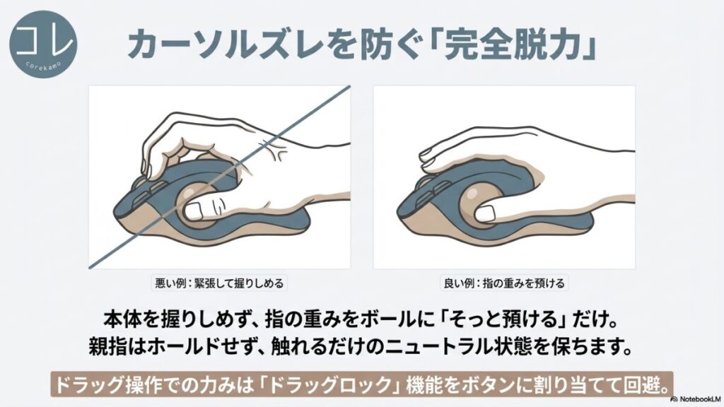 トラックボールマウスを緊張して握りしめる悪い例と、指の重みをそっと預ける良い例をイラストで比較し、ニュートラル状態を保つコツやドラッグロック機能の活用を解説したスライド。