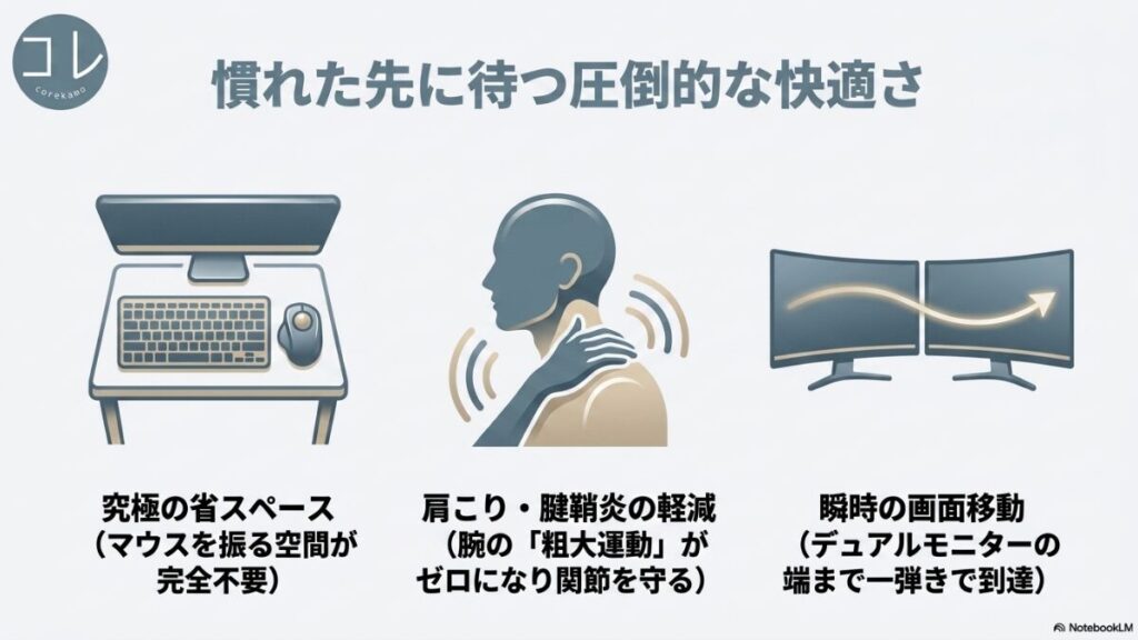 トラックボールマウスを使いこなした先のメリットとして、究極の省スペース、肩こり・腱鞘炎の軽減、マルチモニターでの瞬時の画面移動をイラスト付きで紹介するスライド。