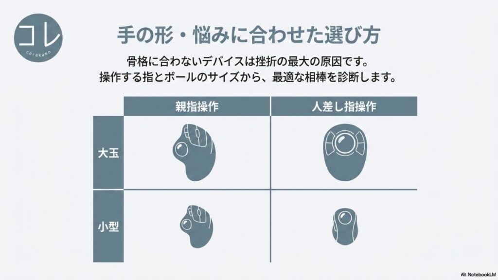 骨格に合わないデバイスでの挫折を防ぐため、操作する指(親指・人差し指)とボールサイズ(大玉・小型)から最適な機種を選ぶための診断マップスライド。