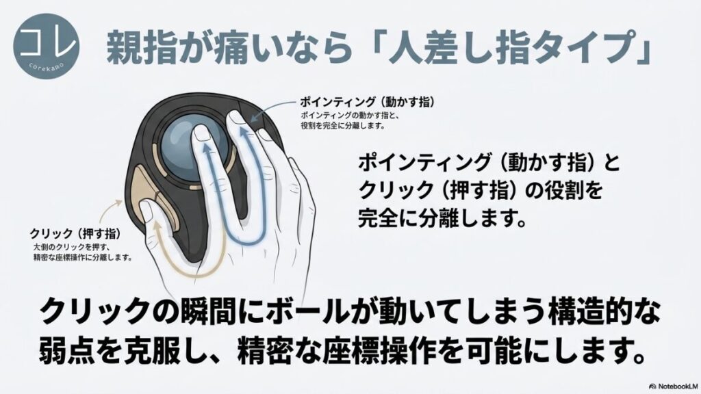 人差し指と中指でボールを操作し、親指でクリックするイラスト。動かす指と押す指の役割を完全に分離することで、クリック時のカーソルズレを防ぎ精密な操作ができる仕組みを解説したスライド。
