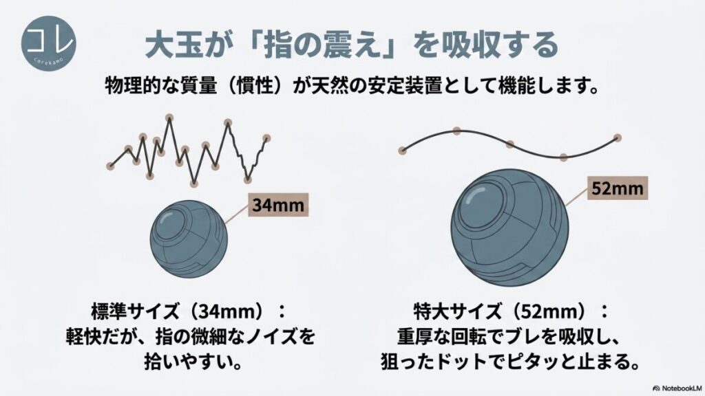 標準サイズ(34mm)と特大サイズ(52mm)のボールの軌跡を比較し、大玉の物理的な質量(慣性)が天然の安定装置として機能し、手の微細なノイズを吸収してピタッと止まる原理を解説したスライド。