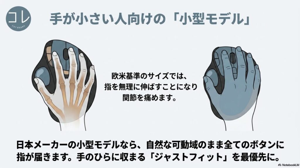 欧米基準のサイズで指を無理に伸ばすと関節を痛めるリスクを説明し、日本メーカーの小型モデルで自然な可動域の「ジャストフィット」サイズを選ぶ重要性を解説したスライド。
