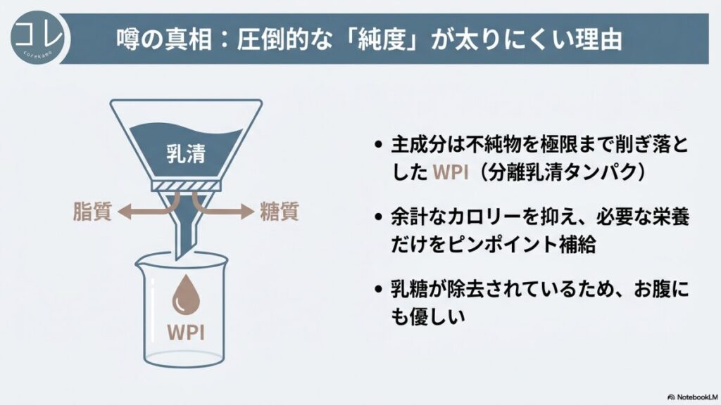 乳清から脂質や糖質を濾過してWPI（分離乳清タンパク）を取り出すイラスト。主成分であるWPIは不純物が極限まで削ぎ落とされており、低カロリーで、乳糖が除去されているためお腹に優しいことを解説するスライド。