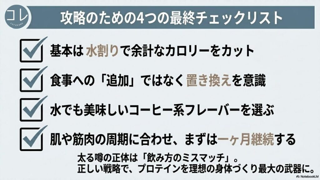 チェックボックスのイラスト。基本は水割り、追加ではなく置き換え、コーヒー系フレーバーを選ぶ、まずは1ヶ月継続するという4つのチェックリスト。太る噂の正体は飲み方のミスマッチであり、正しい戦略で最大の武器にしようとまとめた最終スライド。